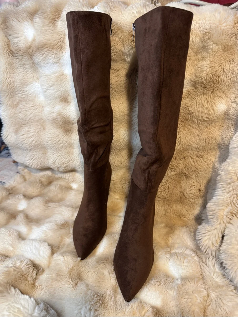 Women's Knee High Suede Pointed Toe Boots in Dark Brown